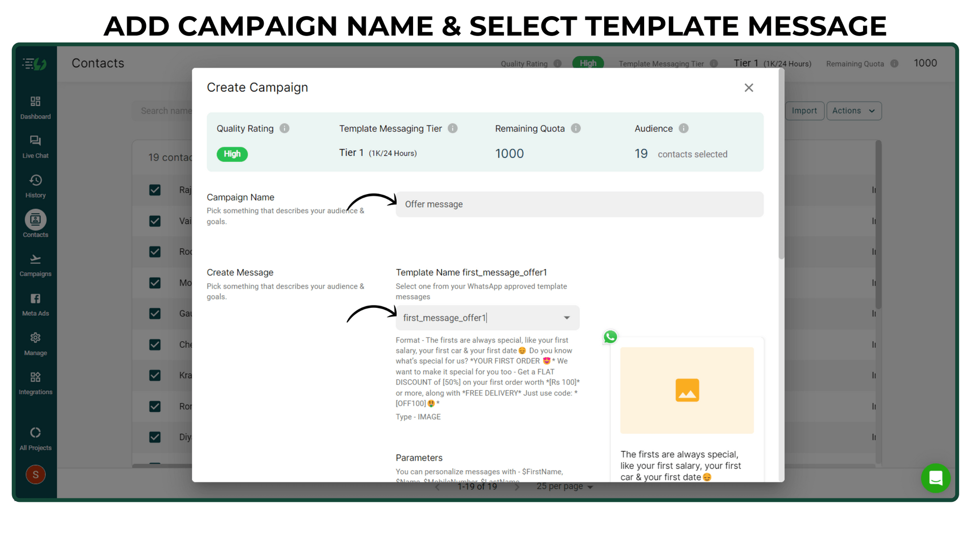 16. Add the Campaign name & select your pre-approved Template message.png